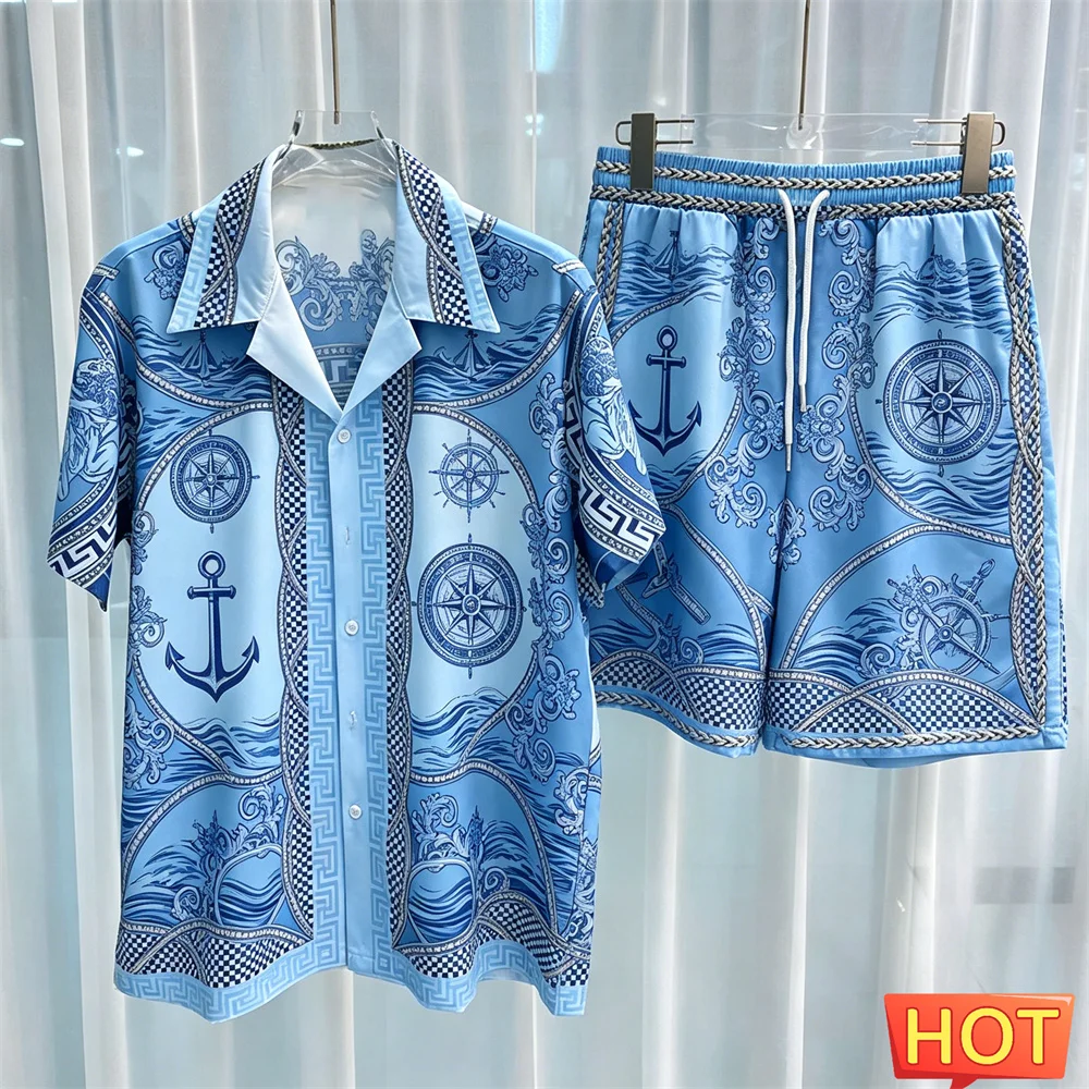 Sailor Pattern Men's Shirt Set Fashion Lapel Short Sleeve and Shorts 2 Piece Outfit Summer Casual Loose Tee Suit Luxury Clothing view 5
