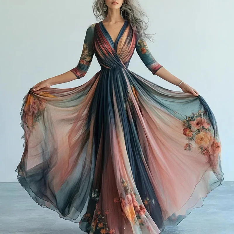 Robes Woman Contrast Mesh Pleated Long Dress Sexy V Neck High Waist Swing Party Dress Spring Long Sleeve Holiday Boho Maxi Dress