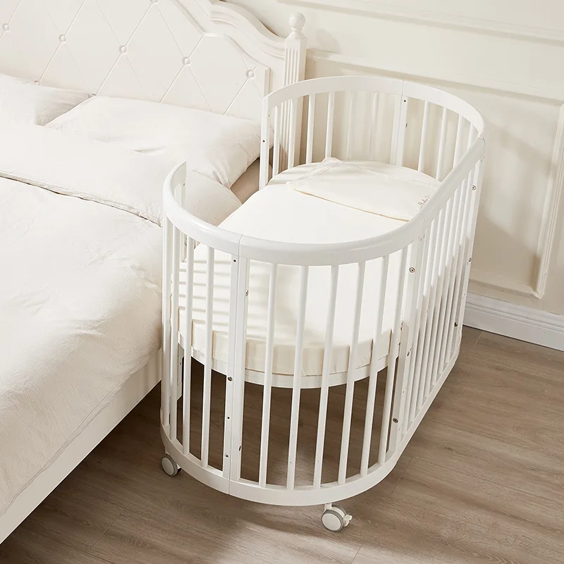 Oval Shaped Baby Crib Multifunctional Pine Children's Bed European White Newborn Baby Movable Splicing Large Bed image 3