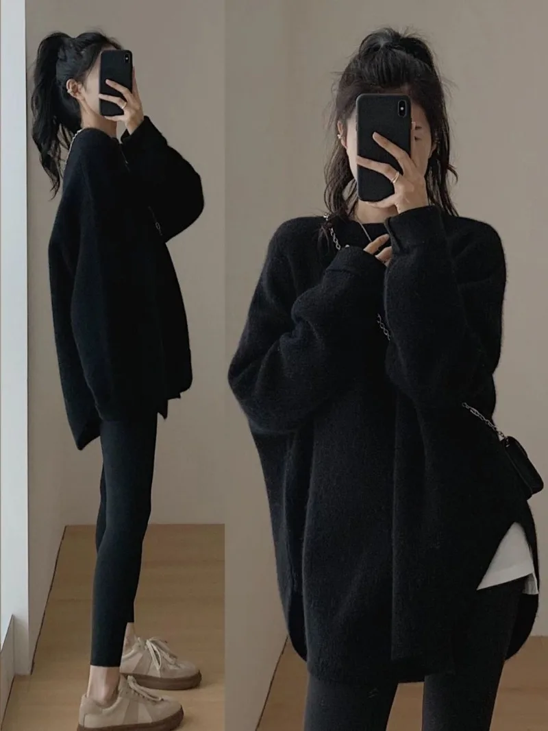 

Loose Fluffy Sweater Women Elegant Autumn O-neck Long Sleeve Soild Female Knit Pullover Fashion Curved Hem Lady Knitwear Cute