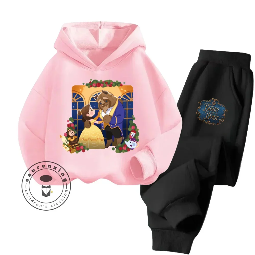 Kawaii Beauty and the Beast Cartoon Street Fashion Sets Elastic Long Sleeve Clothing for Boy Girl Autumn Winter Kids Hoodie Sets