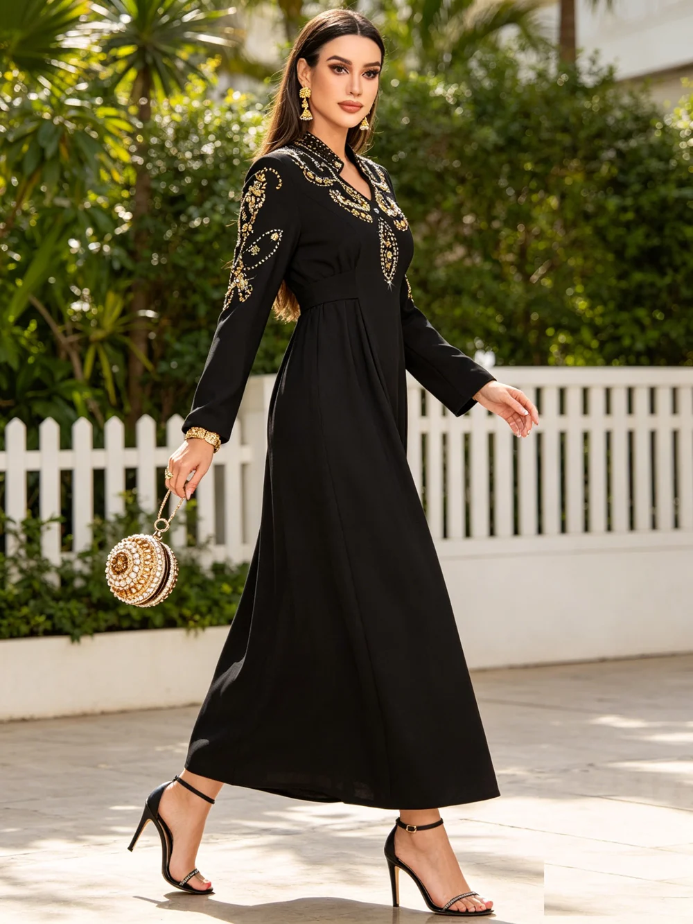 

Muslim Women Black Banquet Gown Rhinestone Long Maxi Dress Abaya Stand Collar Long Sleeve Waist Fitted Big Swing Party Turkey