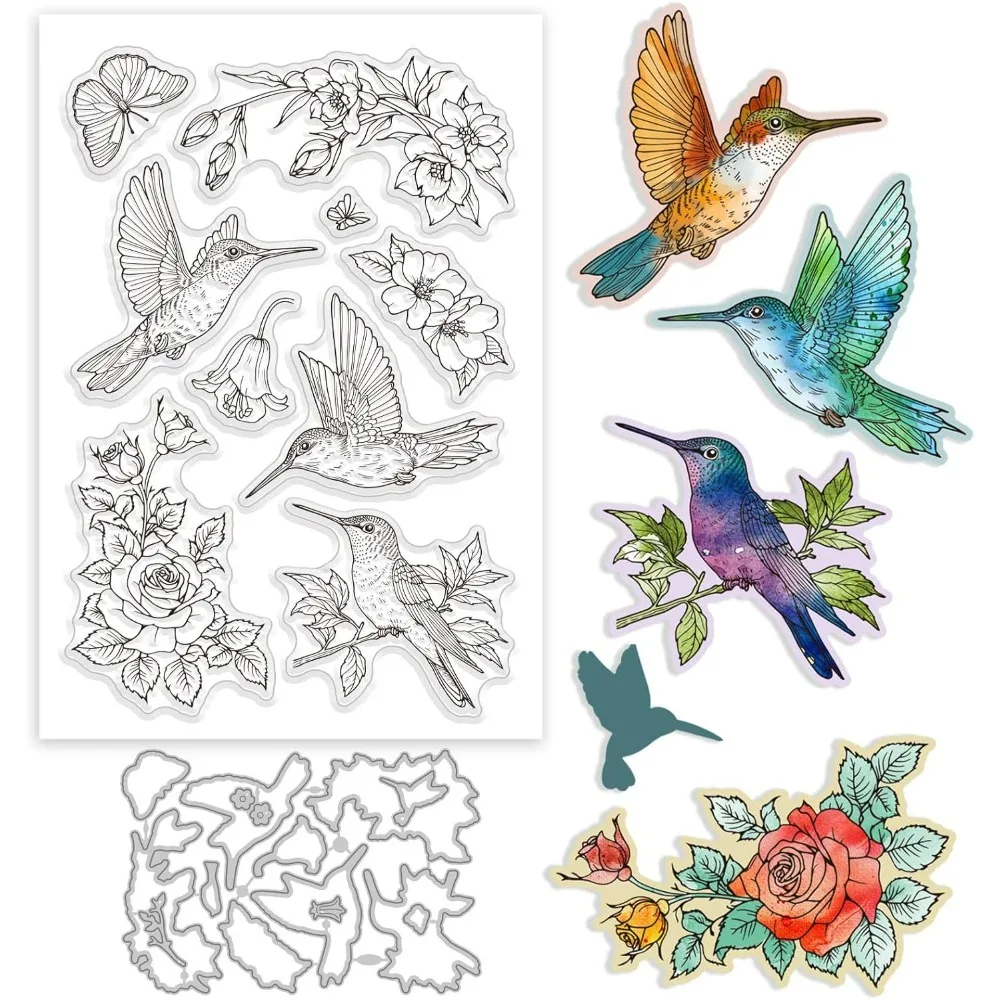 

Набор прозрачных штампов и вырубных штампов «Колибри» для изготовления карт, весенние цветы, розы, силиконовый прозрачный штамп, металлический штамп с птицами и бабочками