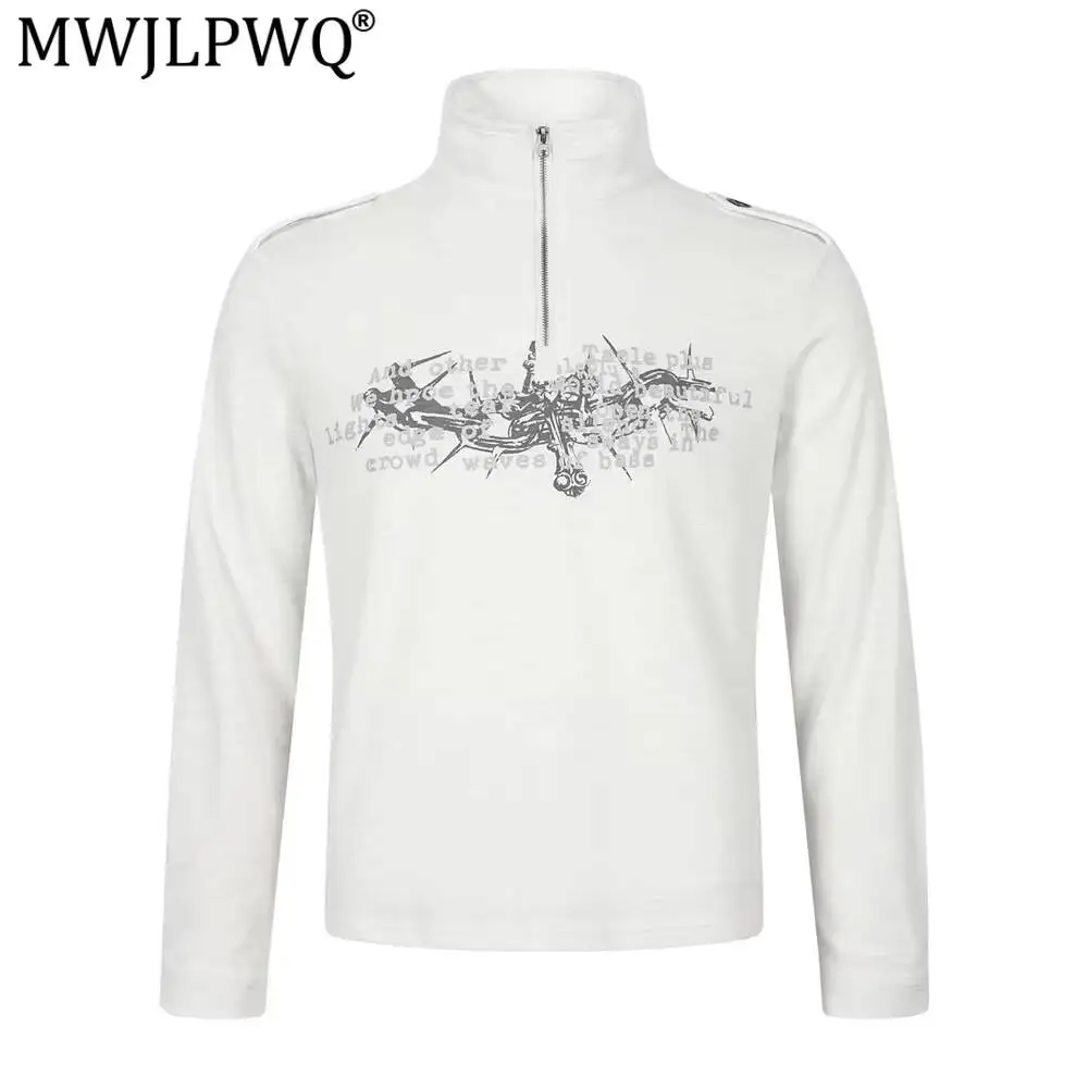 MWJLPWQ Print Half-Zip High-Neck Long-Sleeve T-Shirt Men American Streetwear Trendy Casual Loose-Fitting Stand-Collar Tops 17328