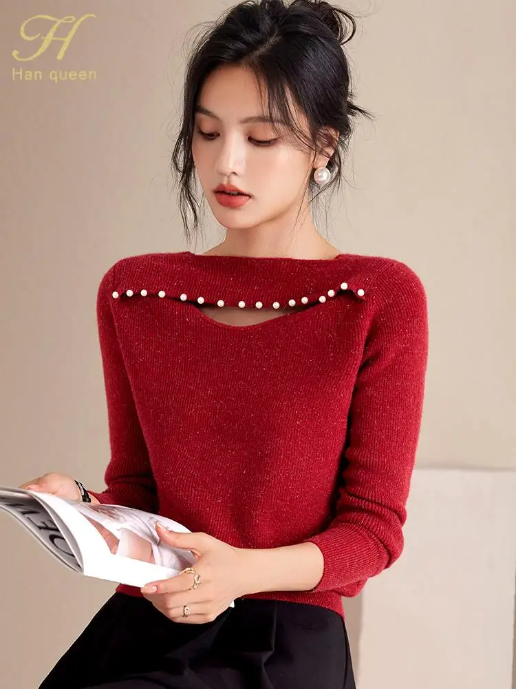 H Han Queen Simple Winter Elegant Hollow Out Beading Pullovers Sweaters Womens New Korean Loose Casual Vintage Office Tops