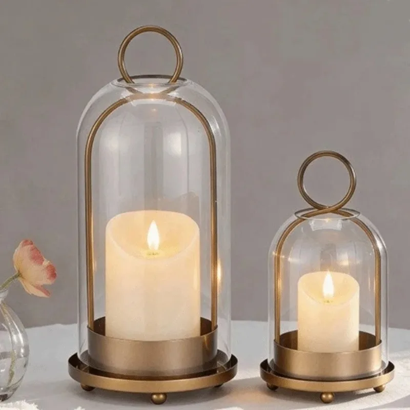 Vintage Brass Metal Candle Holder Set Glass Dome Modern Pillar Candle Stand Elegant Sturdy Glass Table Candlelight Ornaments