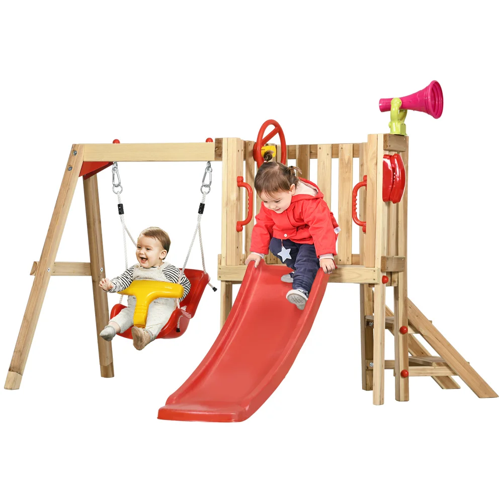 4 in 1 Wooden Swing Set Outdoor Playset with Baby Swing Seat, Toddler Slide, Captain's Wheel, Horn, Kids Backyard Playground