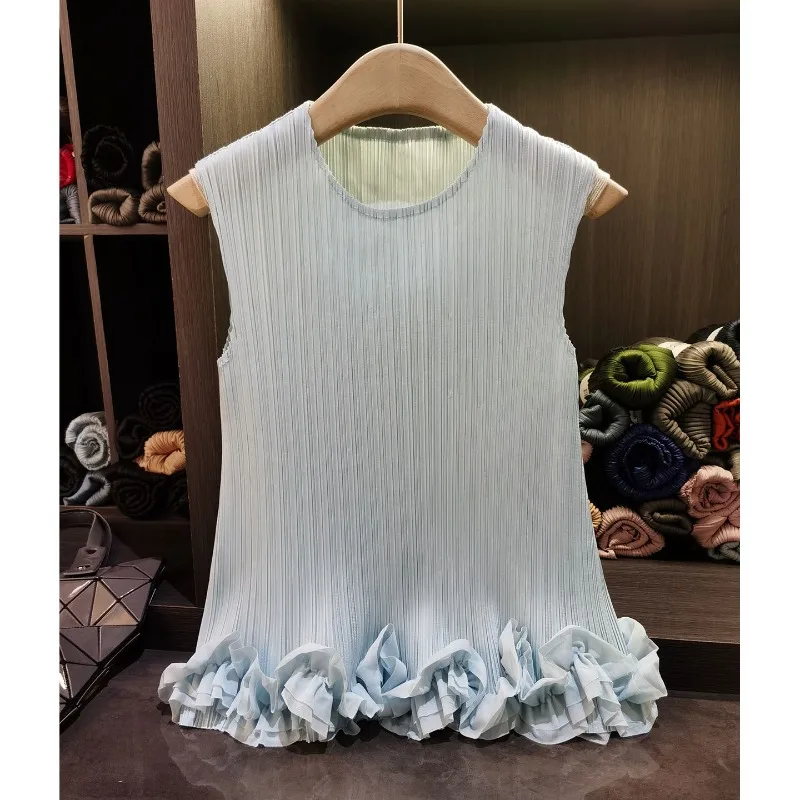 Miyake Pleated T-Shirt 2026 Sleeveless Lace Patchwork Pleats Top Summer New Round Neck Fresh Versatile Elegant T-Shirt for Women