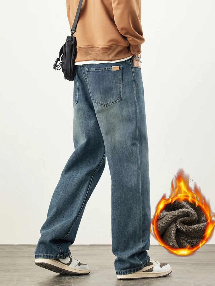 2025 inverno velo quente jeans masculino solto em linha reta vintage denim calças moda coreano streetwear grosso casual calças de veludo