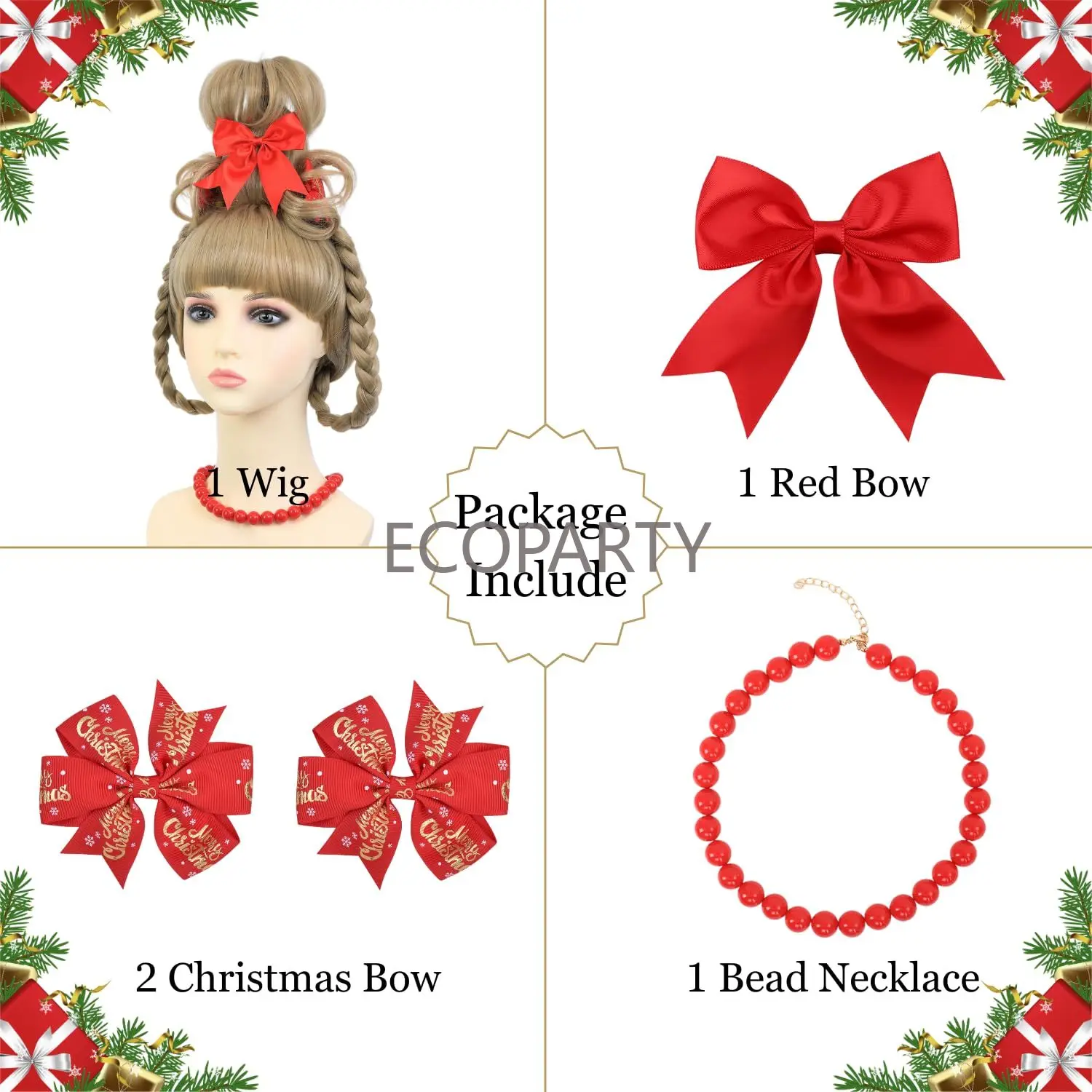 Christmas Costume Wig for Kids Girls Blonde Braided Synthetic Wig with Red Bow Hair Clip and Necklace for Halloween Christmas