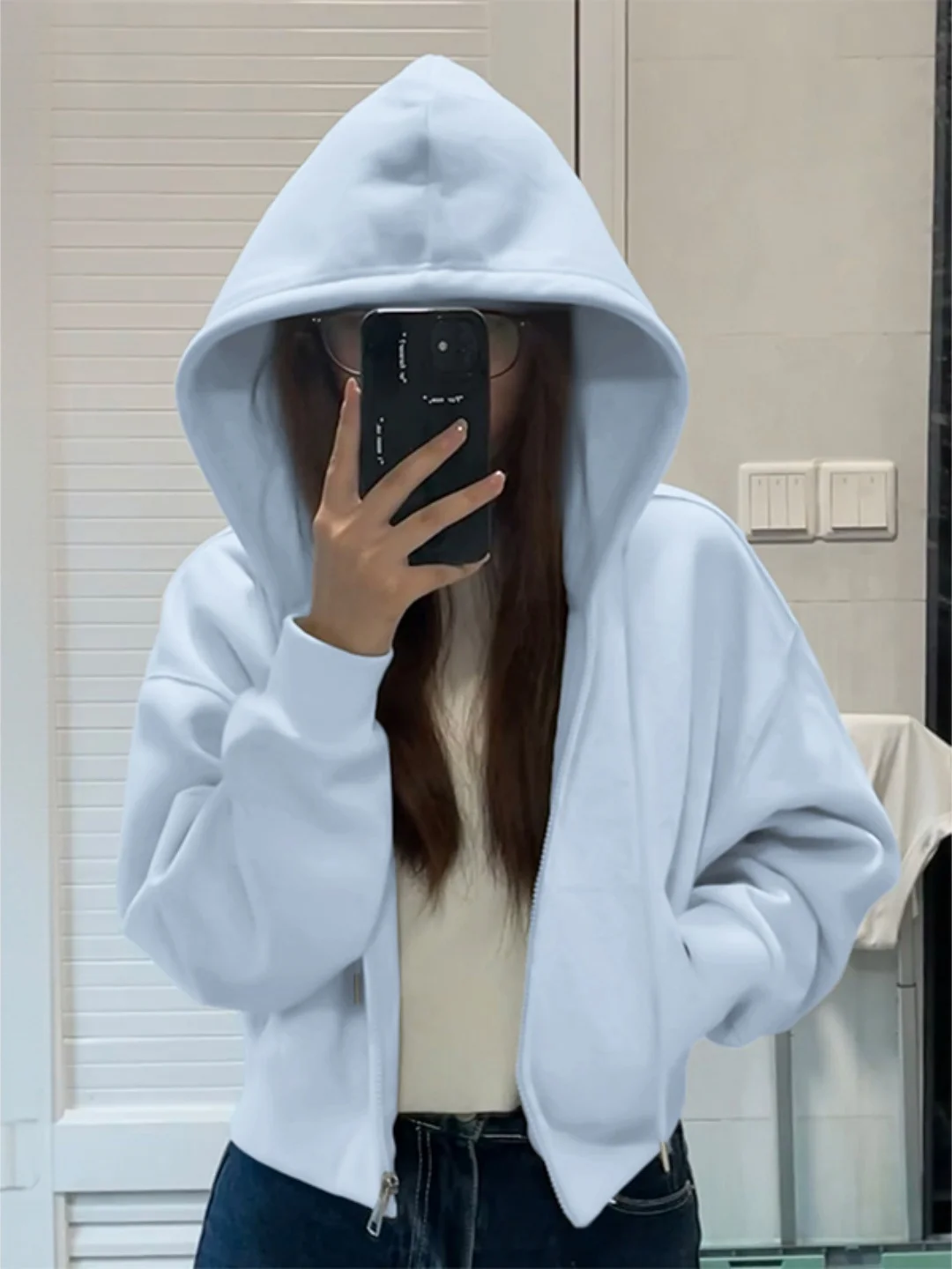 

Light Blue Hooded Zipper Jaet Women's New 2025 Thin Cardigan Sle ort Top Korean Version Printed Long Sve Polyester