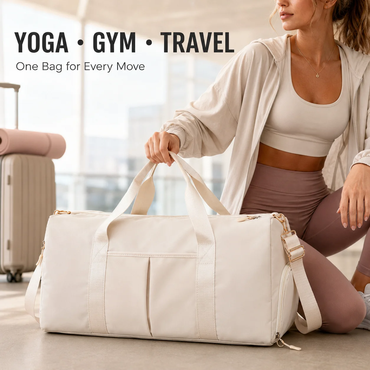 Yoga Gym Bag for Women, Large Capacity Travel Duffle with Shoe Compartment, Luggage Sleeve and Adjustable Shoulder Strap