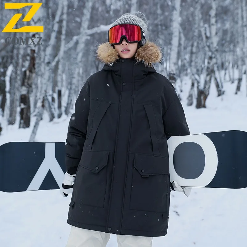 COMXZ Men Long Down Jacket Splicing Hooded Outdoor Adventure Anti-Cold Parka Hiking Travel Lightweight Autumn Winter Trench Coat