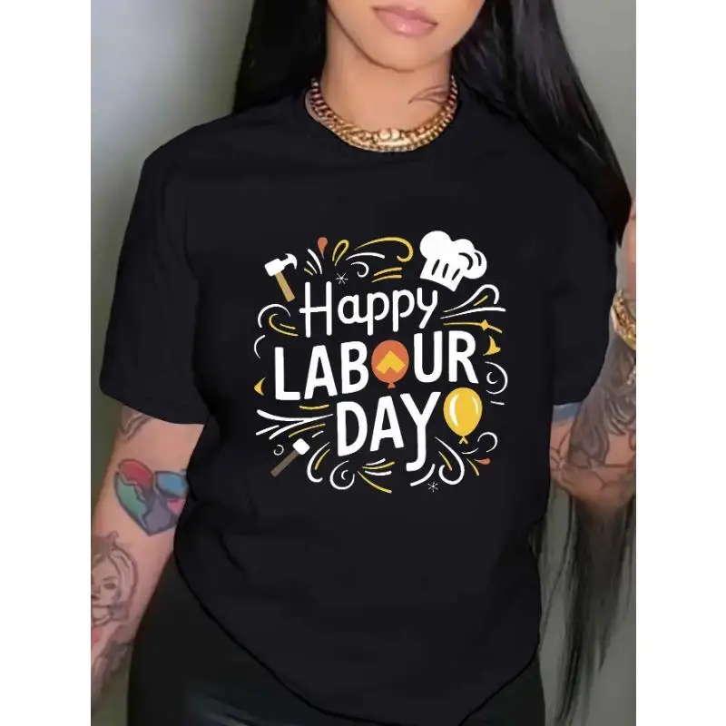 

Women Happy Labour Day T-Shirt Worker Celebration Graphic Tee Job Appreciation Cartoon Tools Print Casual Holiday Gift Top