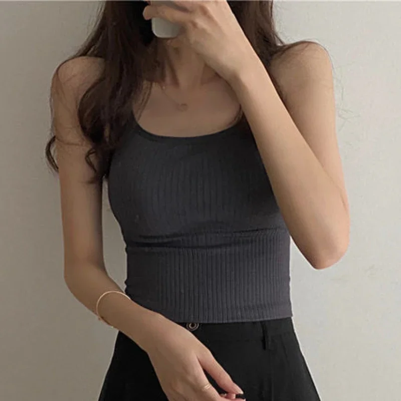 Knitted Tanks Women Slim All-match Simple Pure Color Summer Cute Female Sleeveless Cropped Tops Korean Fashion Sexy Inner Wear