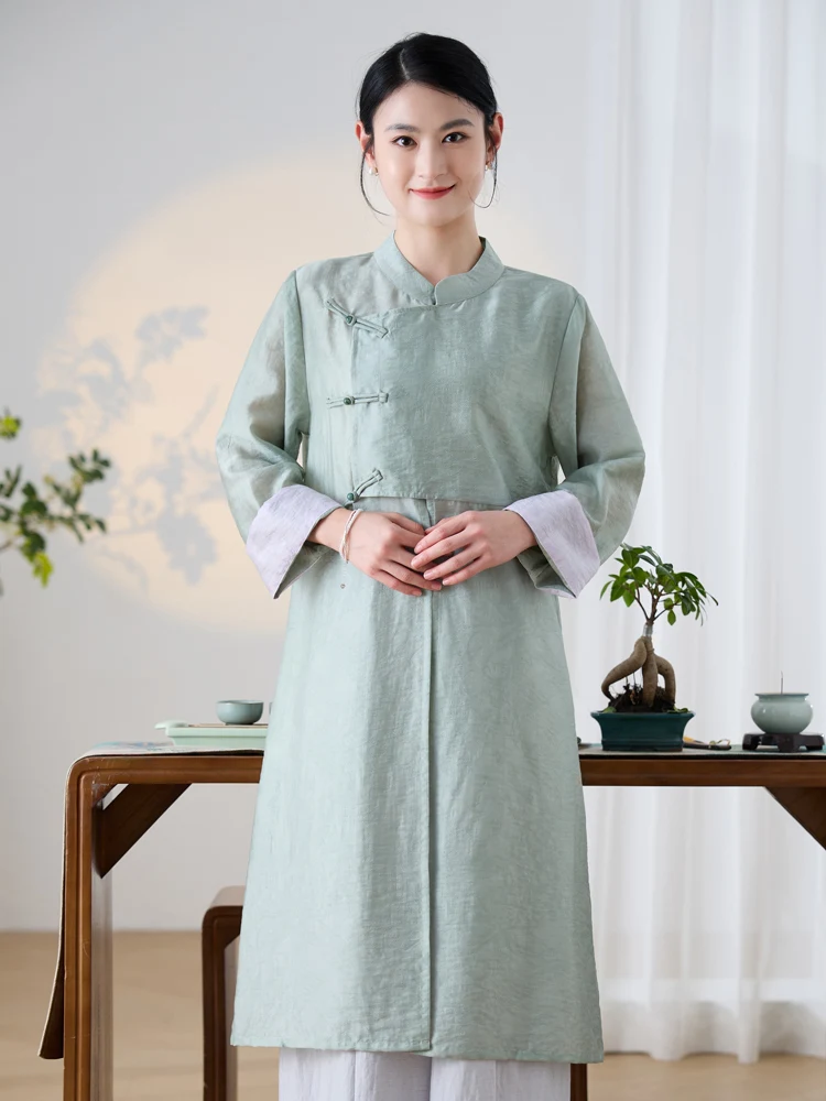 Chic New Chinese Style Tea Ceremony Clothing Long Collarless Jacket with Button Design Boxy Fit for Women in Their 30s