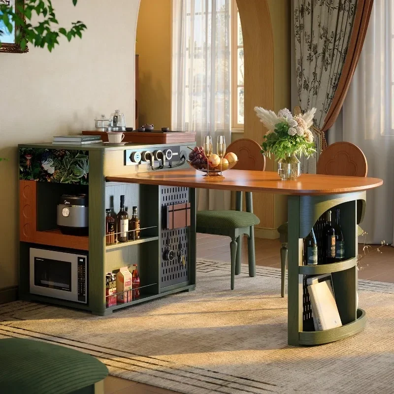 French retro retractable island dining table integrated, medieval household solid wood multi-functional small apartment
