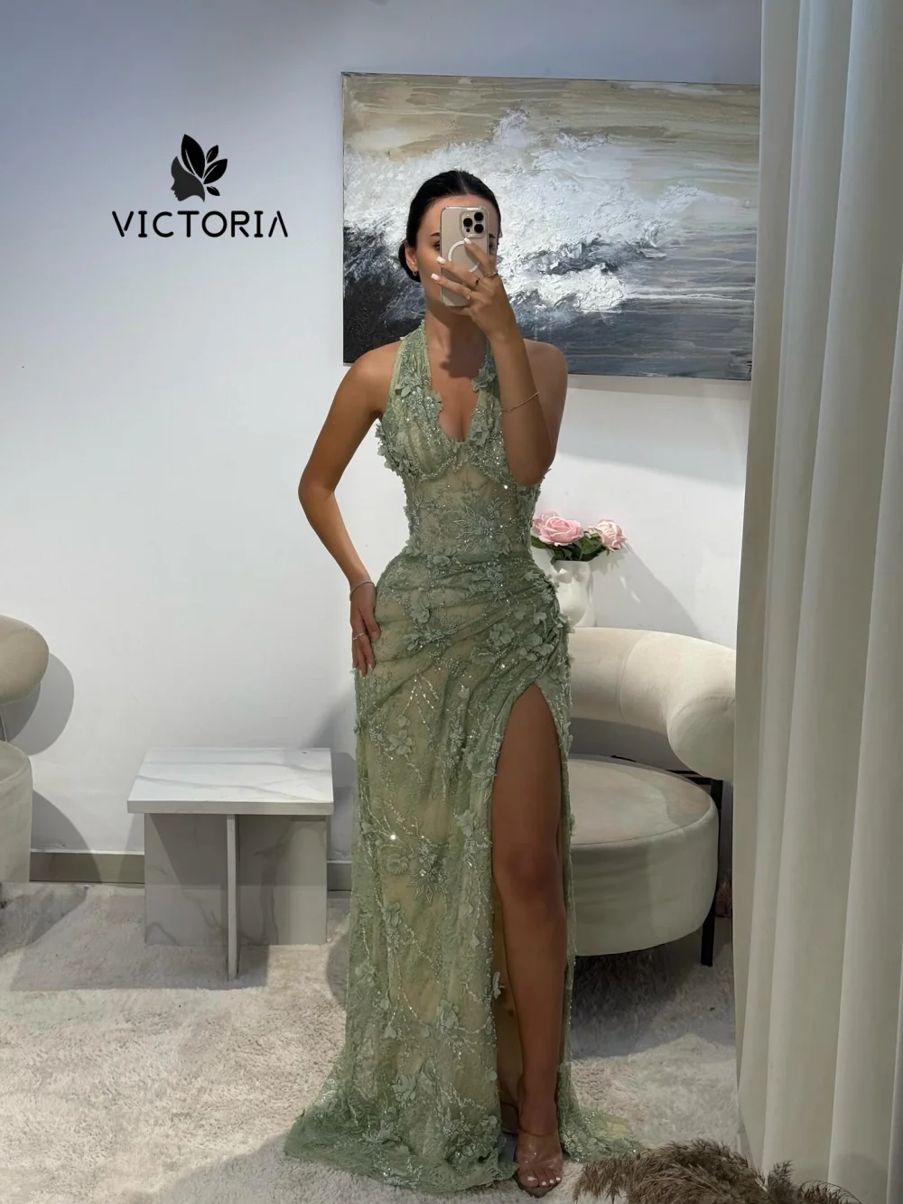 

Sage Green Halter Ruched Split luxurious women's Evening Dresses 2026 Women Dubai Party Long Dress Customized
