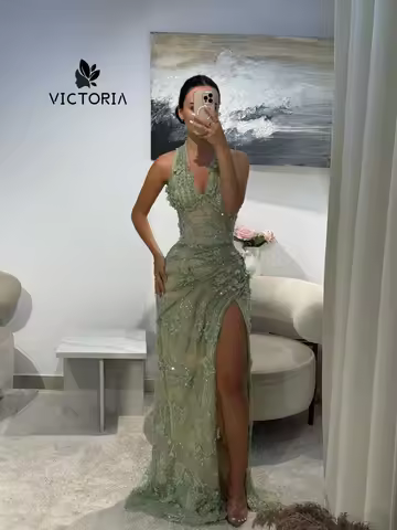 Sage Green Halter Ruched Split luxurious women's Evening Dresses 2026 Women Dubai Party Long Dress Customized