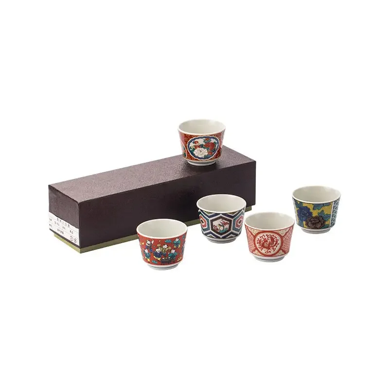 Burning new era painting style, five-piece cup set, Japanese retro flowers, teacup cartoon, ceramic cup