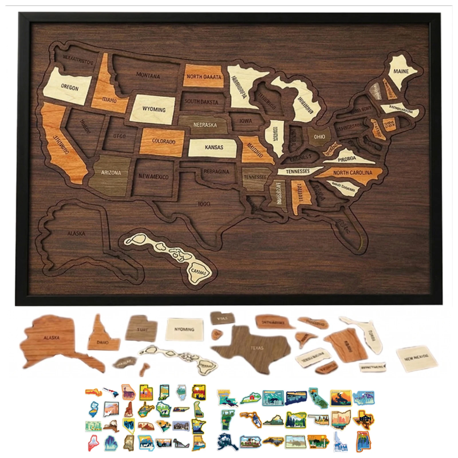 Cork Board USA Travel Map with with Elements Sticker & Pins, 12 X 10Inch, Map of United States, Perfect for Couples and Families