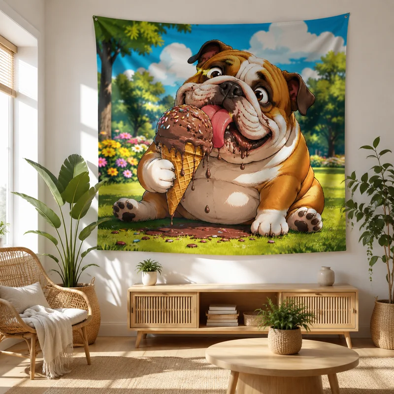 VIKAMA Cute English Bulldog Tapestry, Cartoon Puppy Wall Hanging, Fresh and Adorable Pet Print Tapestry, Home Decor