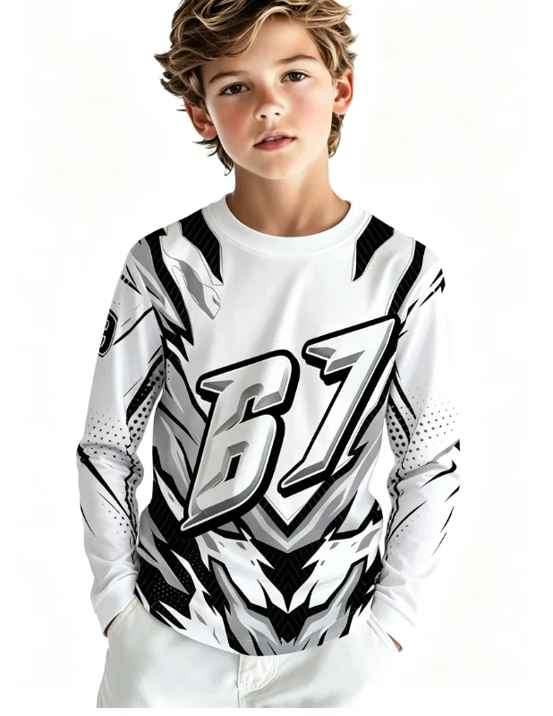 kids t‑shirt,crew neck long sleeve tee,sport number 6 7 soccer badge print,halftone dot gradient red navy casual top for boys