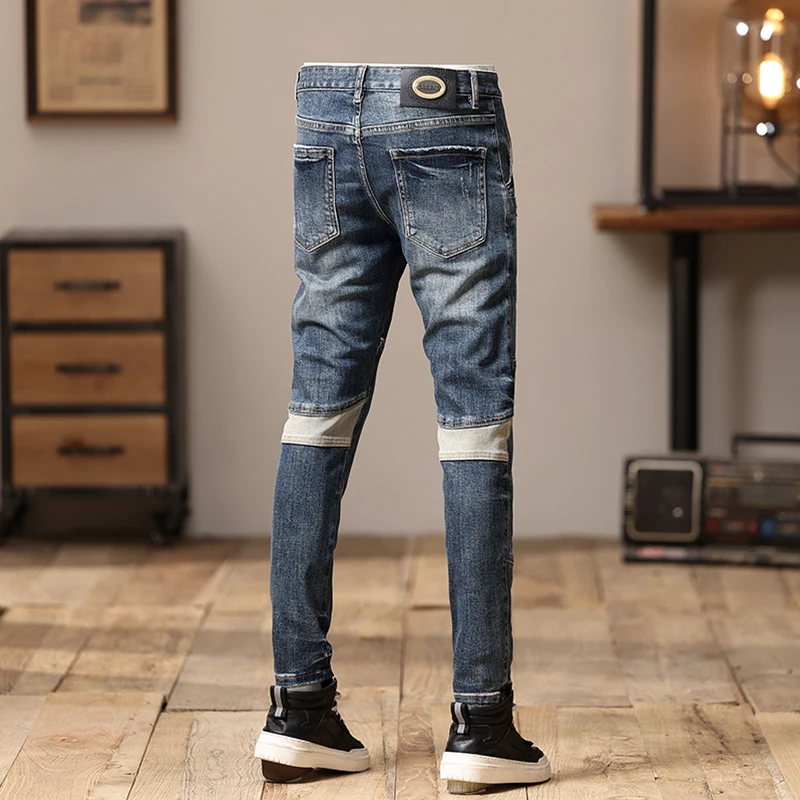 High Street Fashion Men Jeans Retro Blue Stretch Skinny Fit Ripped Jeans Men Spliced Designer Hip Hop Denim Biker Pants Hombre