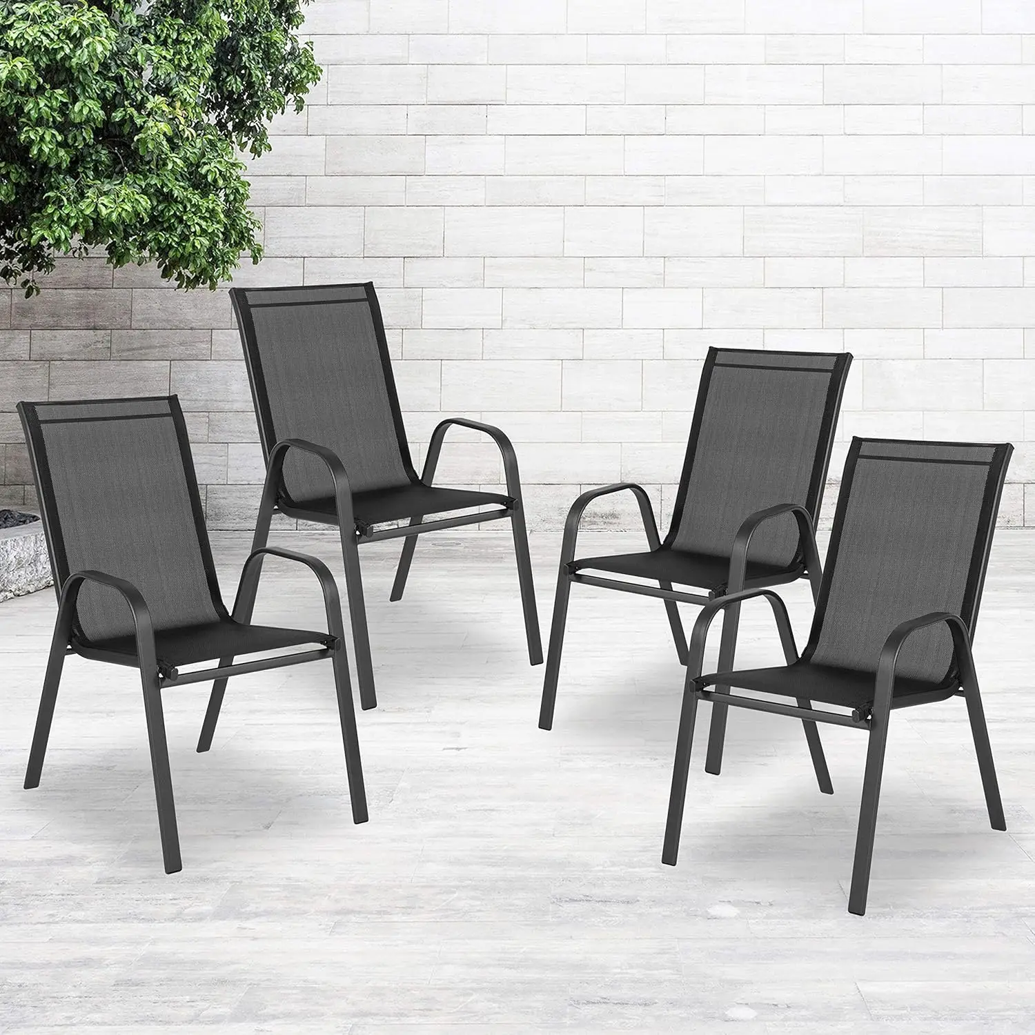 

Black Stackable Outdoor Patio Chair, Flex Comfort Seat, Weather-Resistant, Commercial Grade, 4-Pack, Customized
