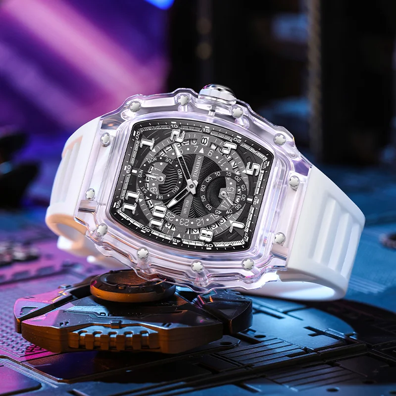 

Hot Sale TINAIBIN 6635 Out Size Transparent Watches for Man Waterproof Waterproof Rubber Calendar reloj hombre Tonneau