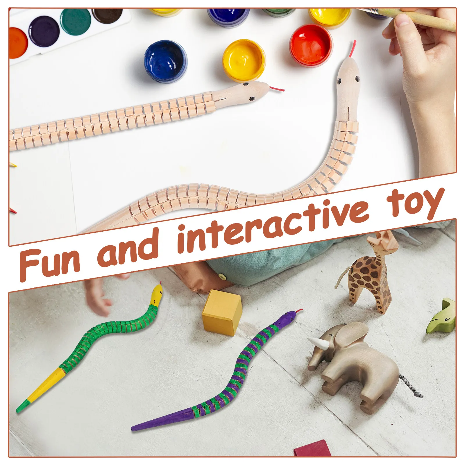 1Set Children Doodle Snake Wood Painting Craft Flexible Jointed Slithering Reptile Painting Activity Kit Small Toy Snakes