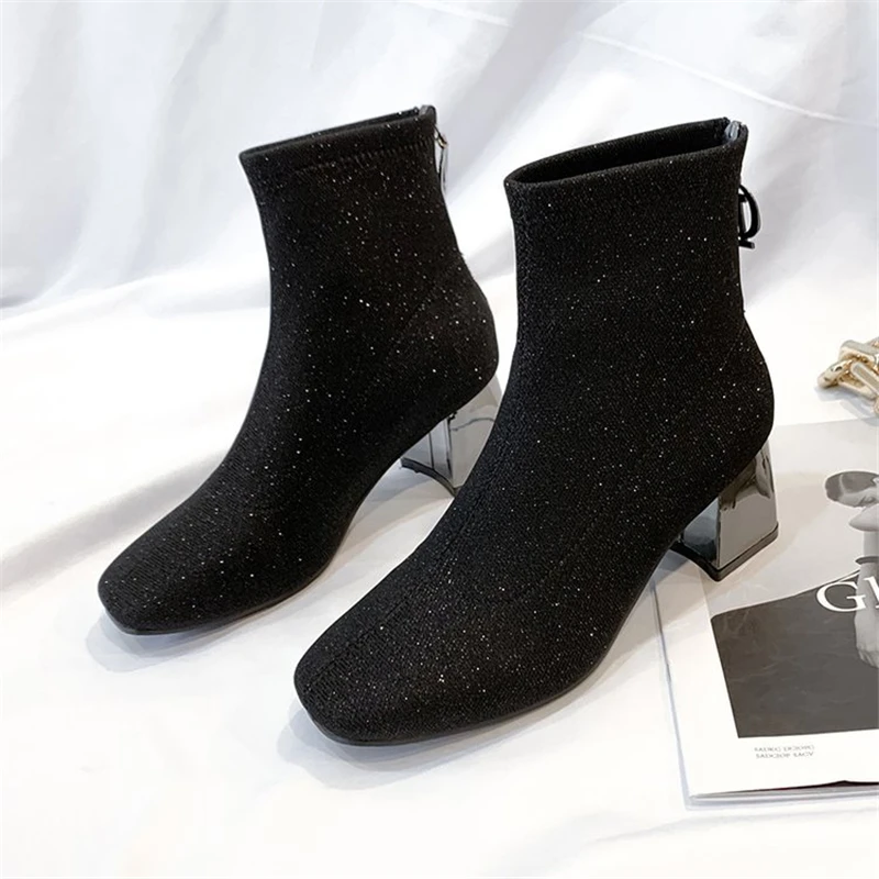 Elastic Sequined Cloth Women Sexy Sock Boots Autumn Metal Square Heels Ladies Office Shoes Party Pointed Black Female Ankle Boot