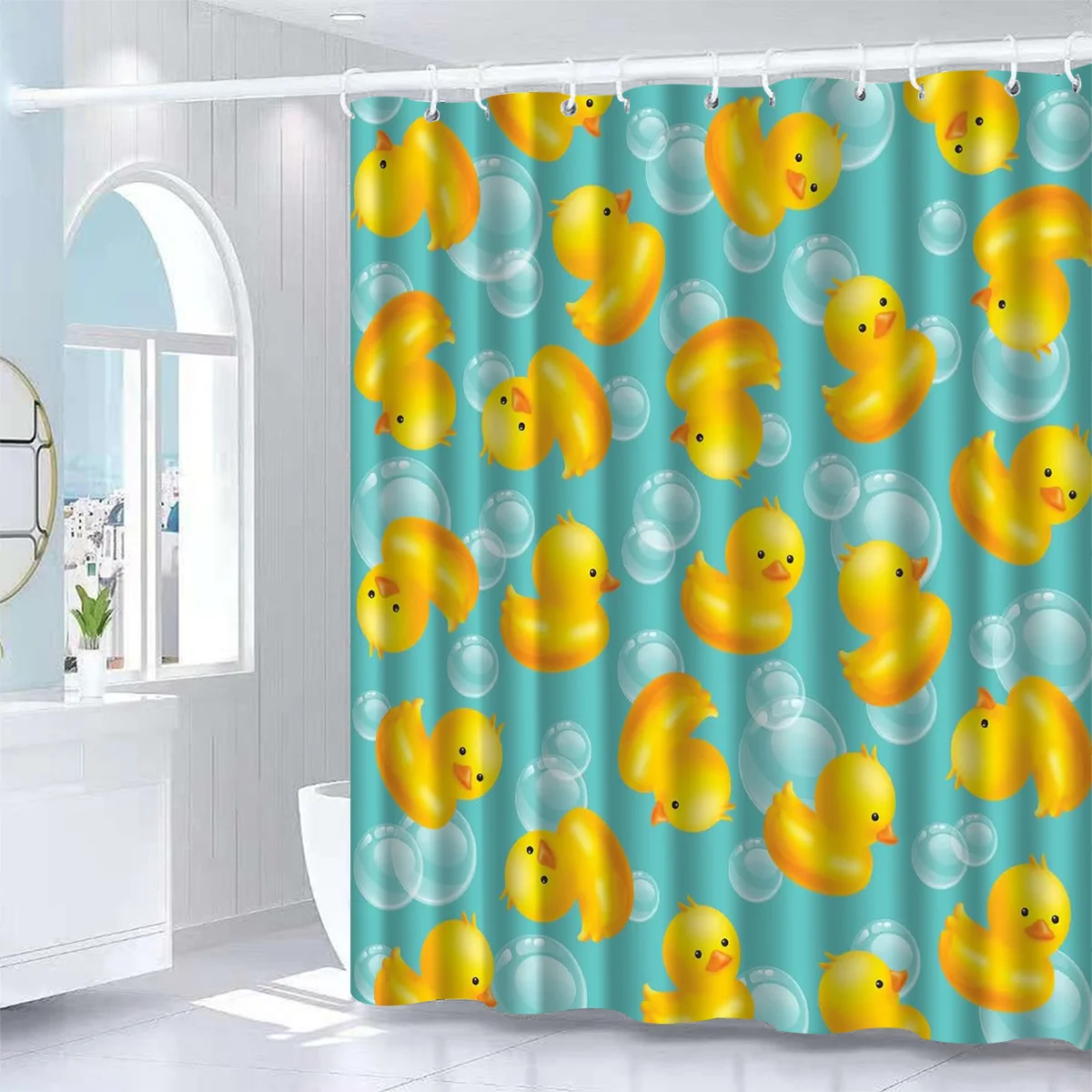 Cute Duck Shower Curtain, Vivid Yellow Rubber Duck And Clear Bubble Art Design For Joyful Cheerful Household Bathroom Use Case