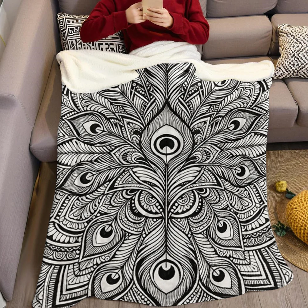 Monochrome Mandala Art Flannel Blanket Warm Soft Halloween Christmas All-Season Couch Decorative Cozy Warm Gift