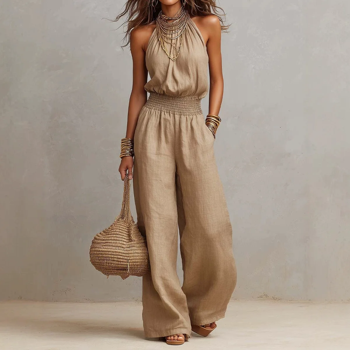 Bohemian Vacation Hanging Neck Pocket Jumpsuit Overall Playsuit Matching Set