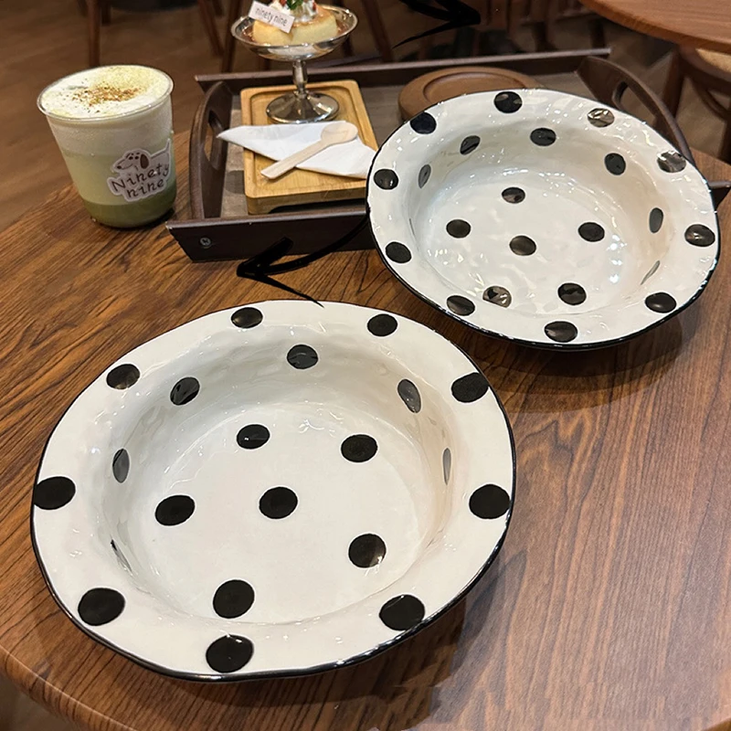 Korean Irregular Ceramic Straw Hat Plate Household Polka Dot Salad Plate Western Spaghetti Plate Creative Kitchen Tableware