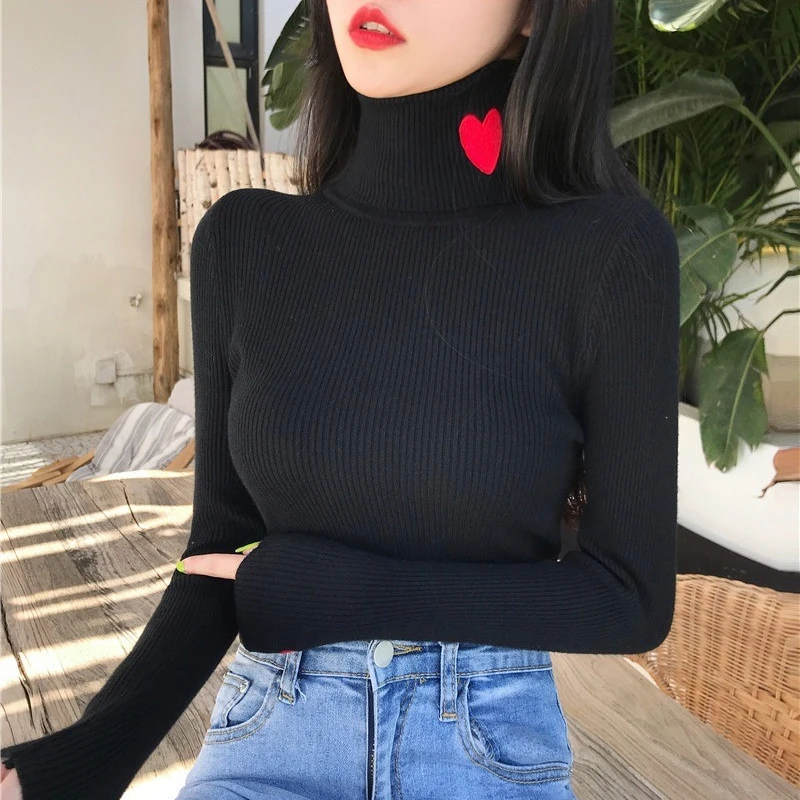 HOUZHOU Heart Embroidery Turtleneck Knitted Women Sweaters Ribbed Pullovers Autumn Winter Basic Sweater Female Soft Warm Tops