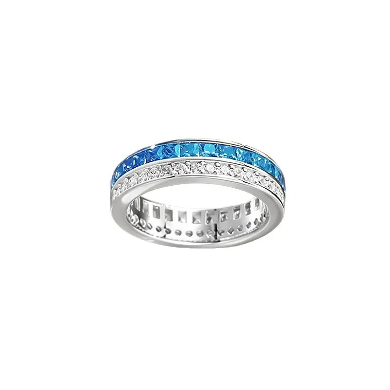 New 100% S925 Silver Ocean Blue Splicing White Full Diamond Row Ring Double layer Fashion Commuter Versatile Wedding Jewelry