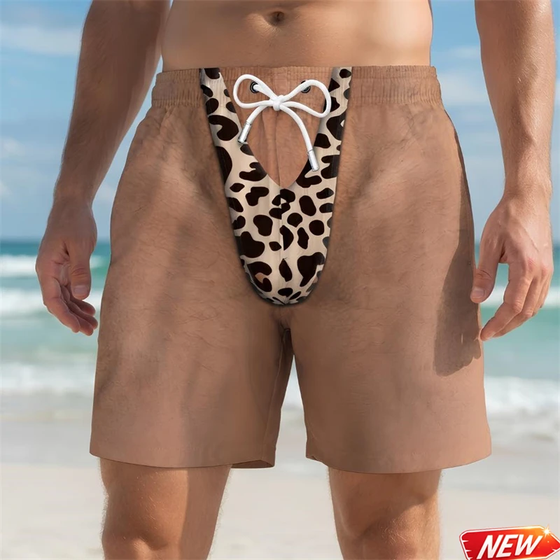Funny Swim Trunks Men 3d Print Leopard Fake Skin Summer Vacation Beach Shorts Hawaiian Travel Gift For Men Surf Board Shorts