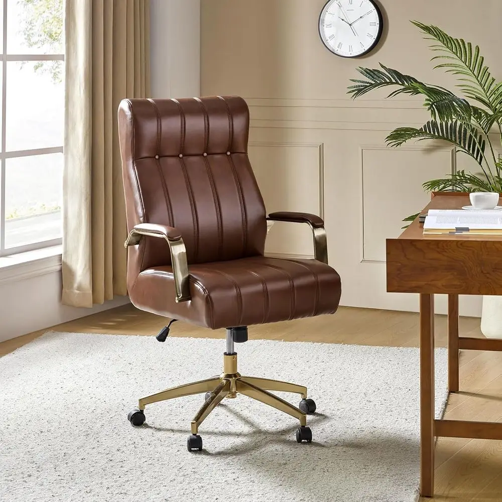 

Luxury Ergonomic Desk Chair with Leather, Gold-Plated Base & Armrests, 360° Swivel, Adjustable Height for Home or Office