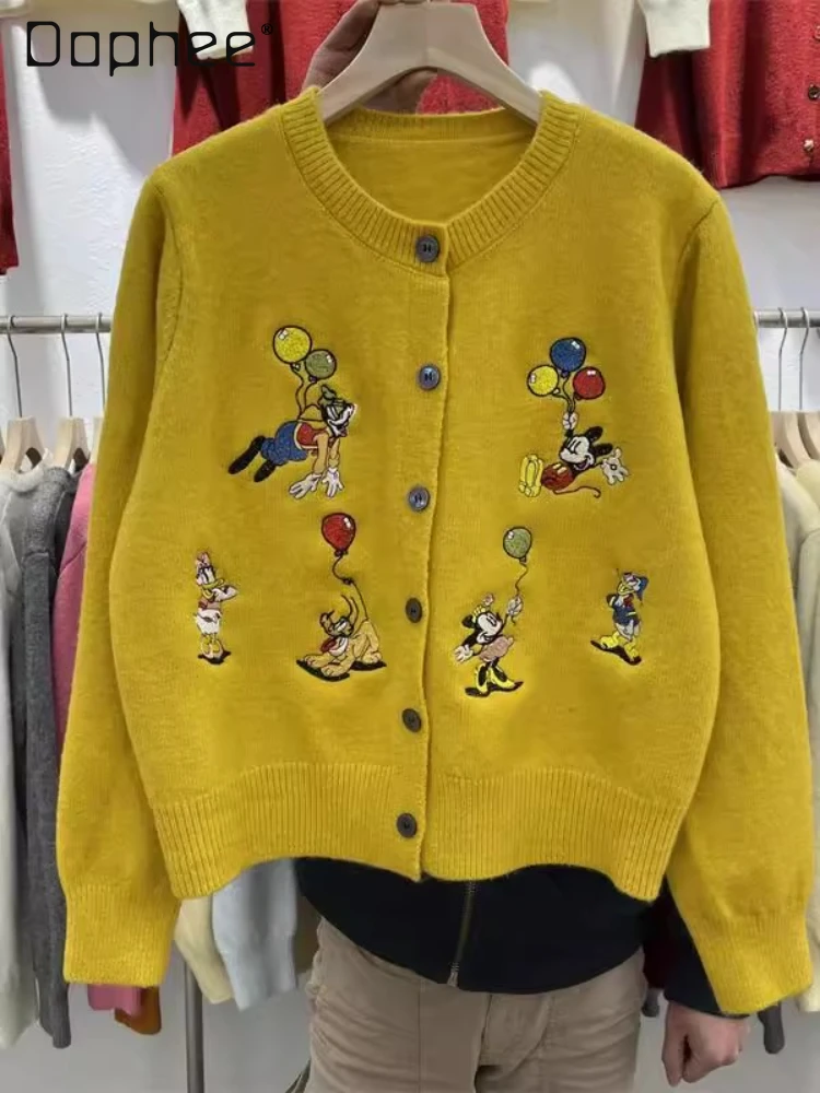 

Cartoon Embroidered Knitted Cardigan Women's Winter New Versatile Temperament Round Neck Long-sleeved Single-breasted Sweater