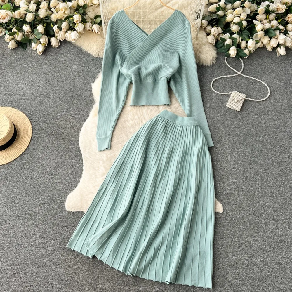 Women Sexy Elegant Knitted Skirts Suit Long Sleeve Crop Tops A-Line Saya 2 Pieces Set Femme Fashion Korean Sweater Outfits Cloth