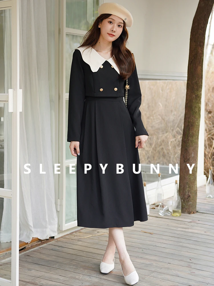 

French Style Black Pleated A-Line Dress Women Long Sleeve Slim Fit Vintage Dress Two-Piece Look Double Breasted Autumn Outfit