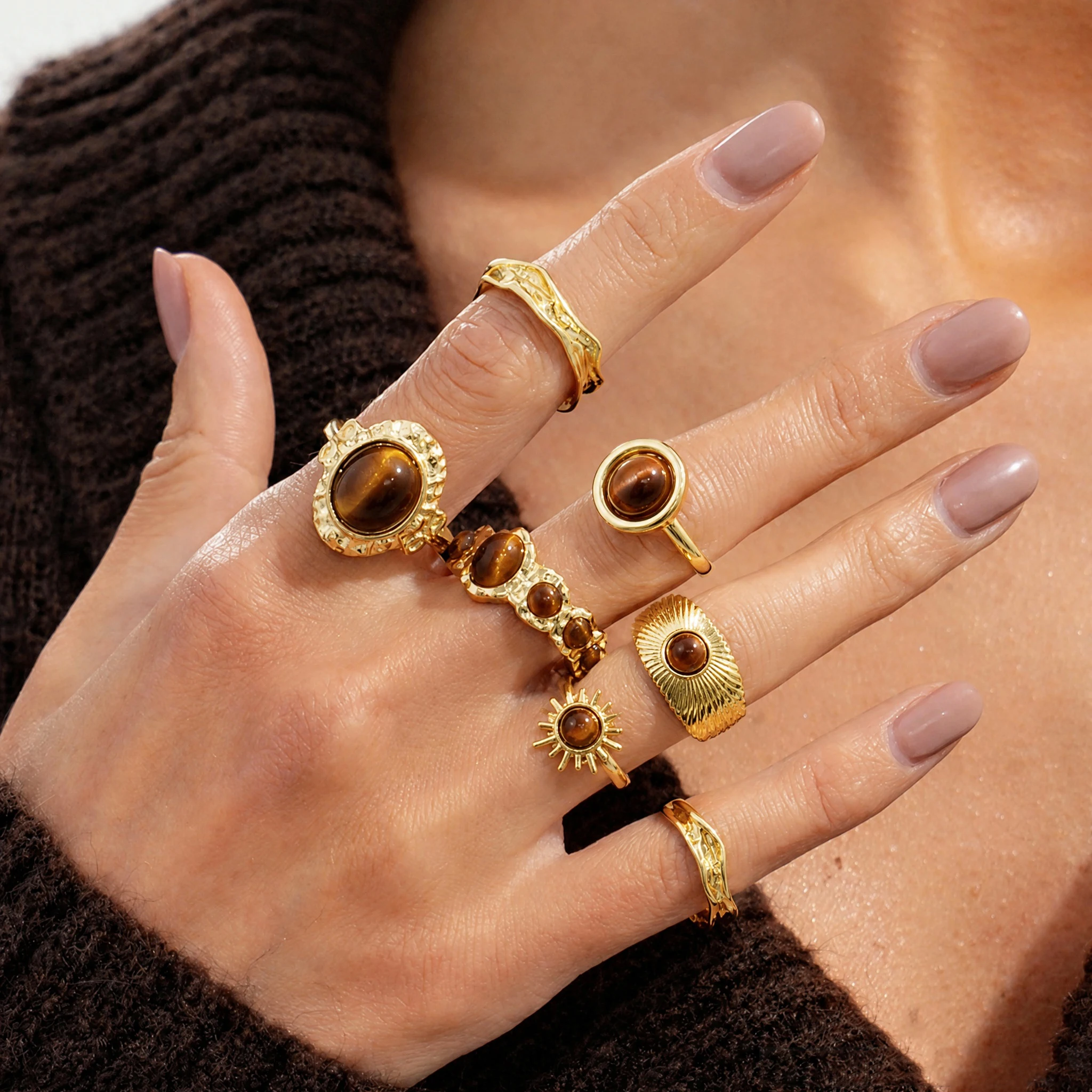 Turquoise Stone Ring - 7Pcs/Set Vintage Brown Stone Open Rings