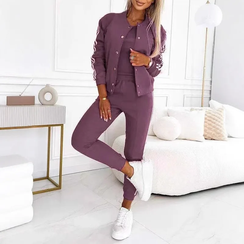 스포티 캐주얼 3피스 세트 여성 긴팔 스트라이프 재킷 슈트 가을 슬림 탱크탑과 코트 팬츠 세트 여성 트랙슈트