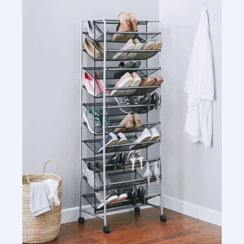 

10-Tier 60-Pair Metal and Mesh Rolling Shoe Rack, Everyday Home Shoe Storage