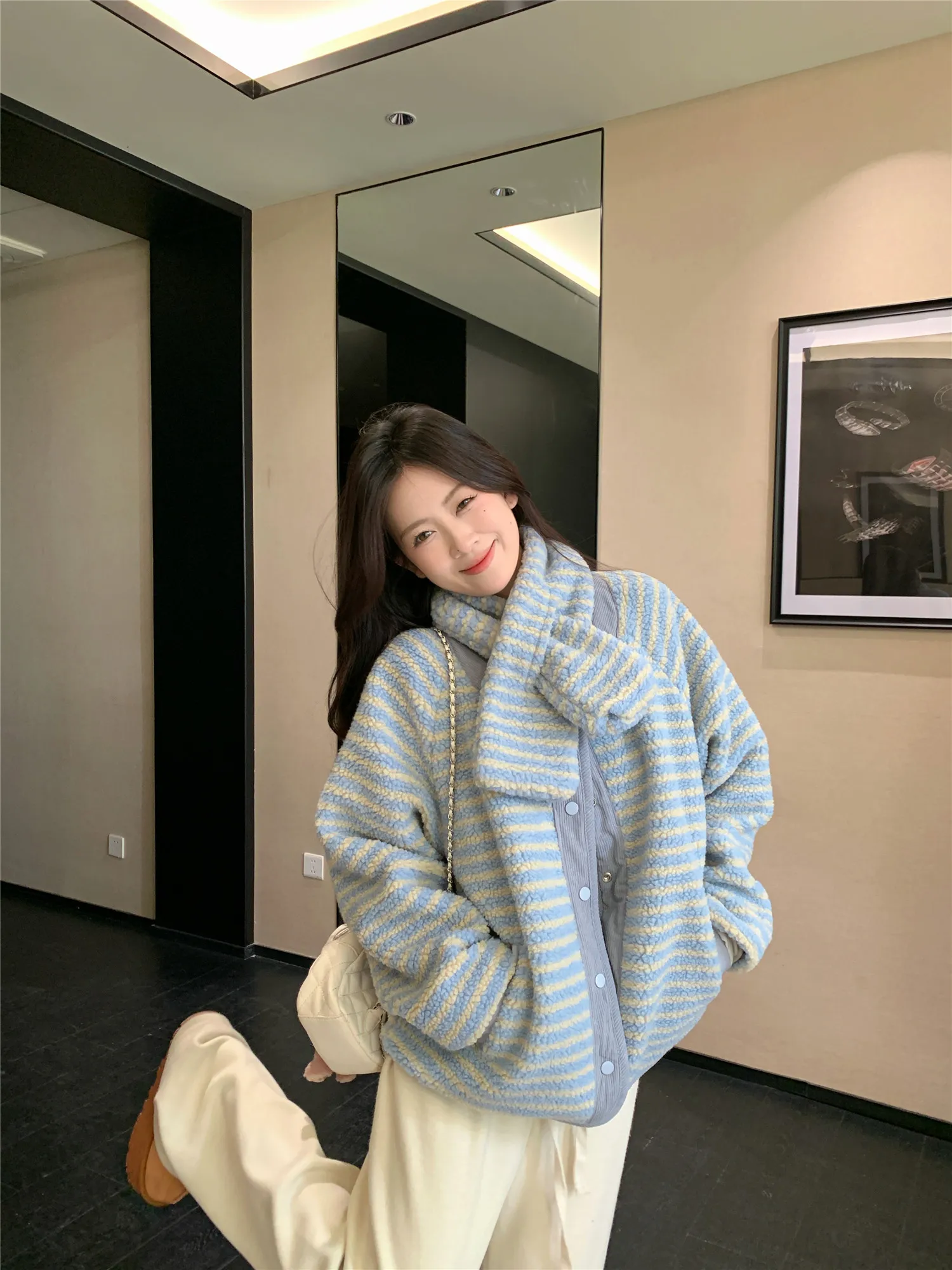 Korean Sweet Two Side Wear Padded Jacket Women Fleece Lined Thick Warm Parkas Woman Lazy Style Stripe Scarf Winter Jackets