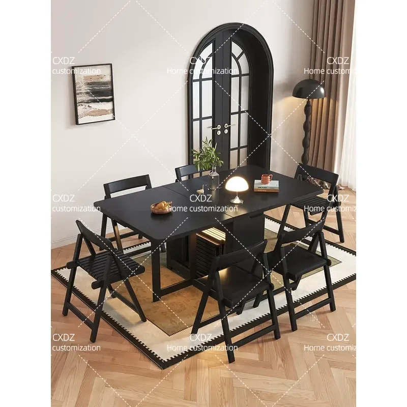 Modern Simple Solid Wood Folding Dining Table with Wheels Multi Functional Storage Mobile Household Compact Space Saving Desk