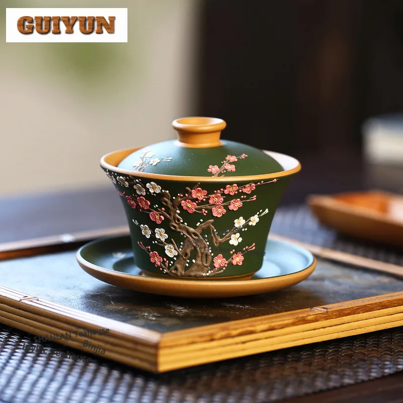 

150ml Yixing Purple Clay Hand Painted Plum Blossom Gaiwan Zen Tea Tureen Tea Bowl With Lid Kit Tea Brewing Cover Bowl Tea Set