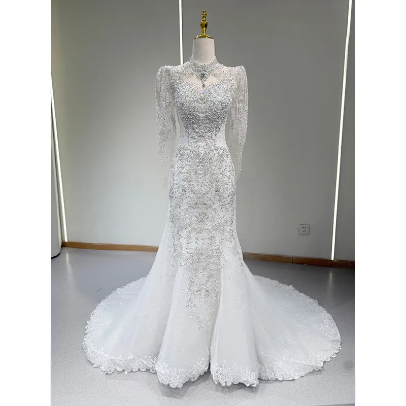 

Wedding Dresses Long Sleeve Beading Fashion Vestidos De Novia Court Train Appliques Crystal Sequines Robe De Mariée Custom-Made